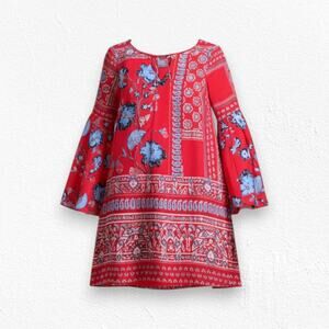 Vanessa Virginia Boho Bell Sleeve Mini Dress Red Blue Floral 100% Silk Size XS